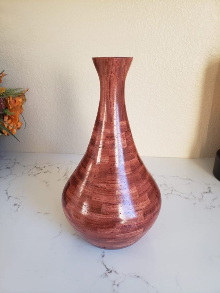 This particular version of the free segmented turning plan for "Genie Vase" was made with red Babinga.