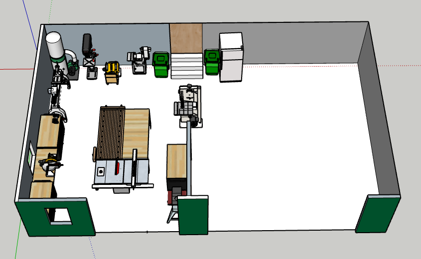 diagram of the woodshop in the single-car side of the three-car garage
