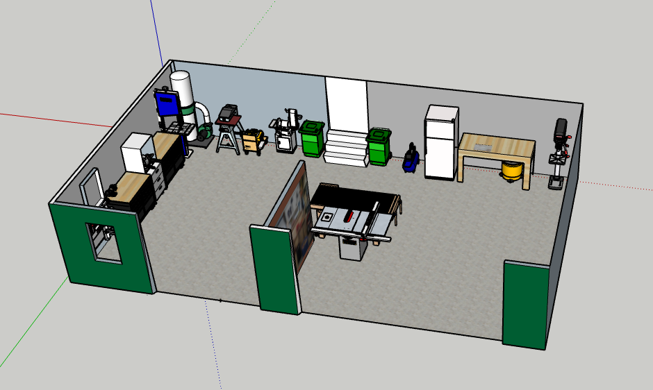 diagram of the woodshop after it was redesigned to improve dust collection.